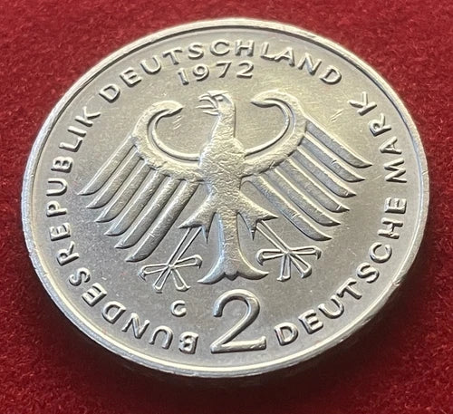 2 Deutsche Mark 1972 G | Bundesrepublik Deutschland | Theodor Heuss | Kupfer-Nickel Gedenkmünze | sehr schön