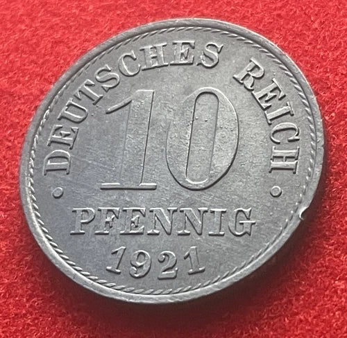 10 Pfennig 1921 | Deutsches Reich | gekrönter deutscher Reichsadler | Zink Ersatzmünze | sehr schön