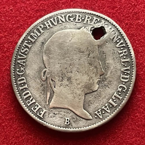 20 Kreuzer 1848 | Königreich Ungarn | Ferdinand I. | 583er Silber – Gelocht | Historische Münze