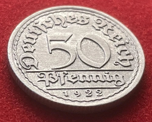 50 Pfennig 1922 F | Weimarer Republik | Deutsches Reich | Münze aus Aluminium | Sehr schön
