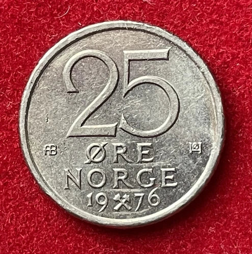 25 Øre 1976 | Norwegen | König Olav V. | Kupfer-Nickel-Legierung Münze | sehr schön