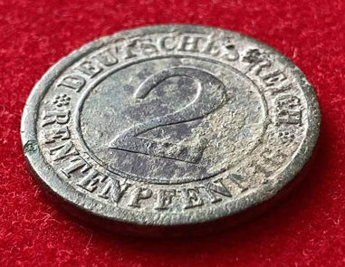 2 Rentenpfennig 1923 | Deutsches Reich | Weimarer Republik | Getreideährenbündel | Münze aus Bronze | schön