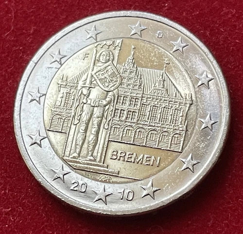 2 Euro 2010 F | Deutschland | Bremer Rathaus & Roland-Statue, Bremen | Bi-Metall Gedenkmünze | sehr schön